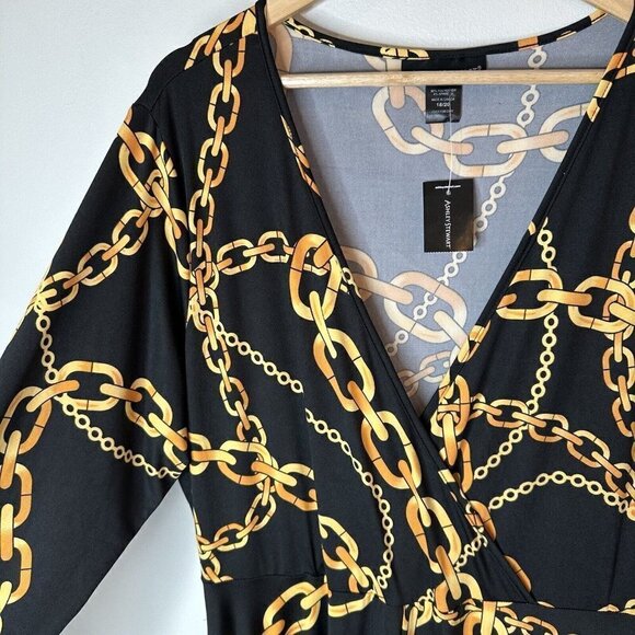 NEW Ashley Stewart Womens Black Gold Long Sleeve Chain Maxi Dress w/Slit 18/20 - Picture 4 of 13